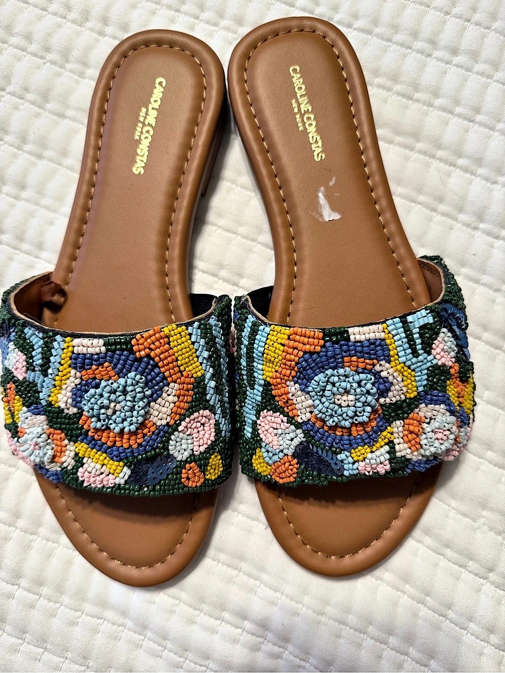 Caroline Constas Multicolor Beaded Floral Slide Sandals Brown US 8